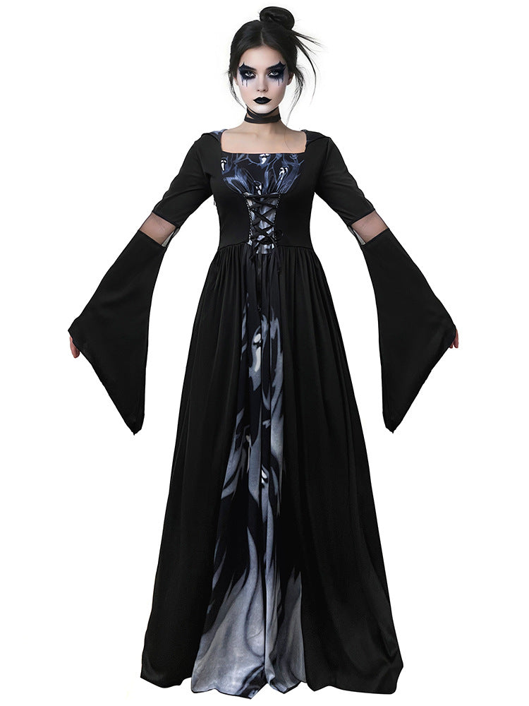 Halloween Witch Costume Dress – Hooded Skeleton Witch Cosplay Outfit