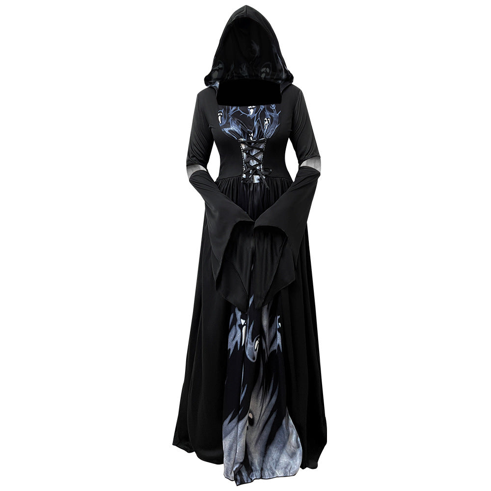 Halloween Witch Costume Dress – Hooded Skeleton Witch Cosplay Outfit