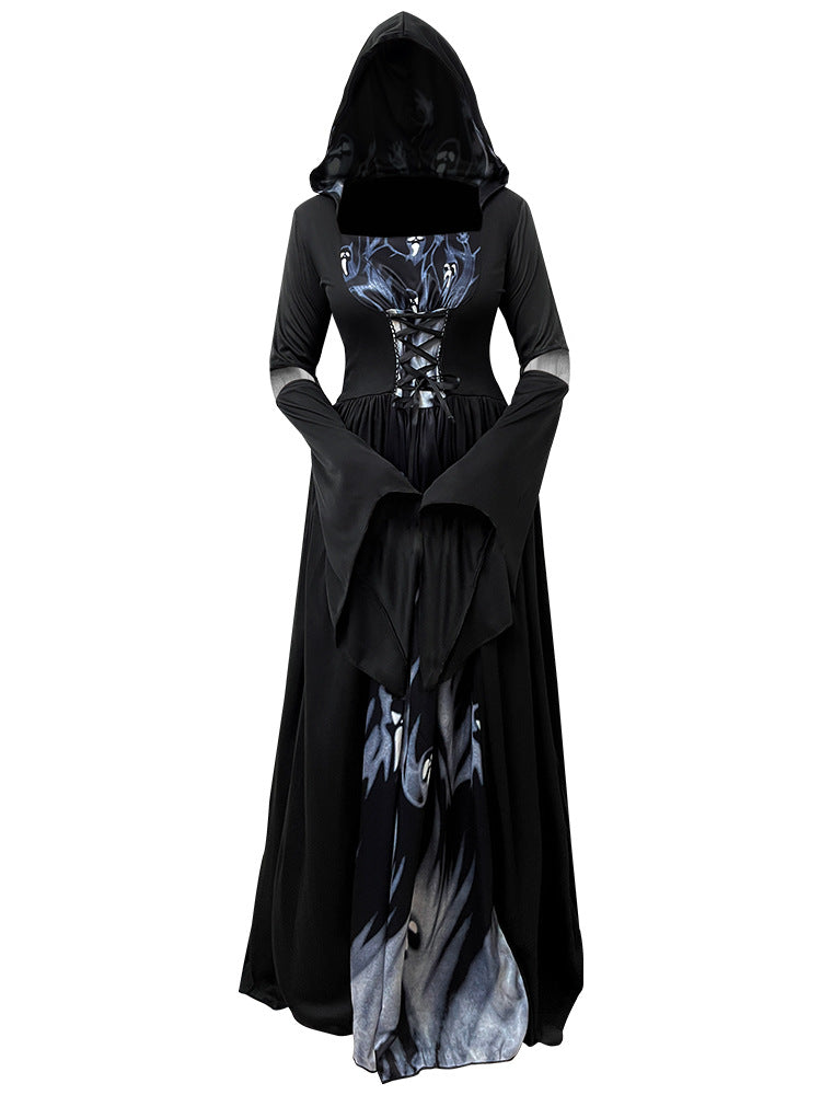 Halloween Witch Costume Dress – Hooded Skeleton Witch Cosplay Outfit