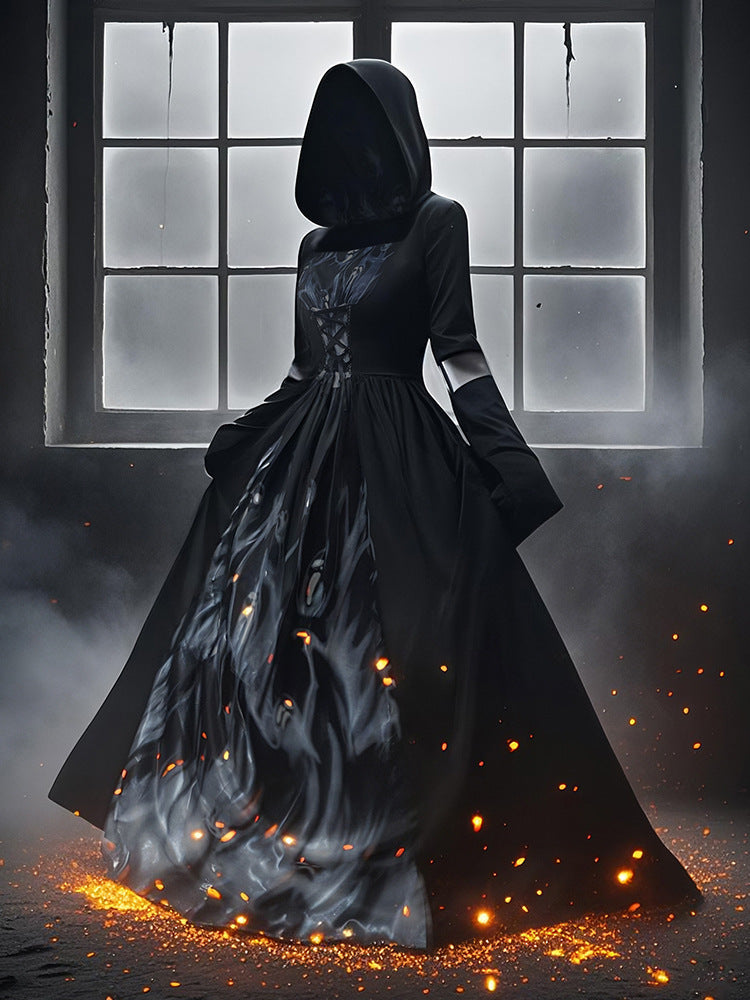 Halloween Witch Costume Dress – Hooded Skeleton Witch Cosplay Outfit